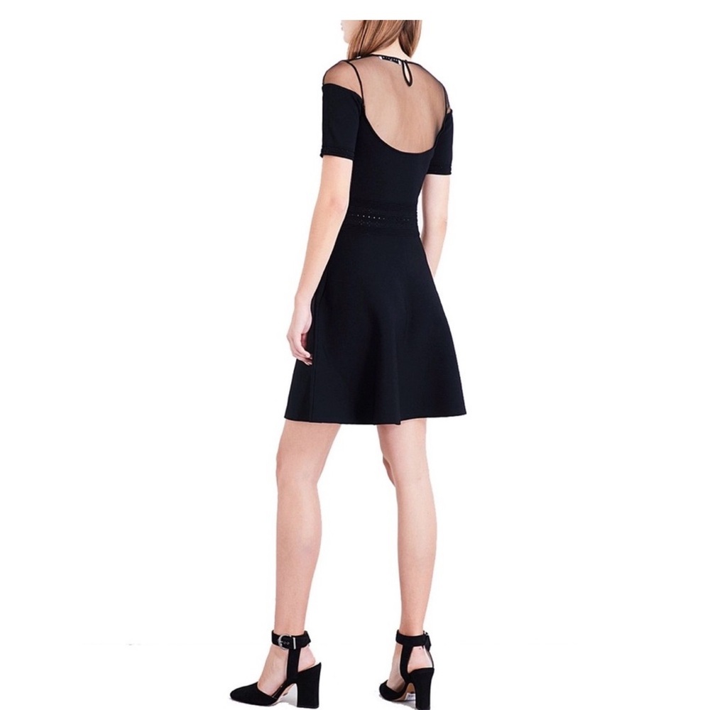 Sandro Rose and Bird Embroidery Paneled Knit Black Mesh Mini Fit Flare Dress 1 - Picture 2 of 14